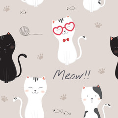 Seamless pattern with cute cartoon cats.