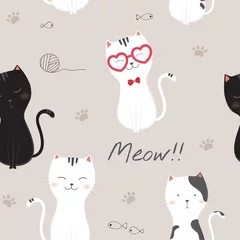 Papier Peint photo Chats Modèle sans couture avec des chats de dessin animé mignon.