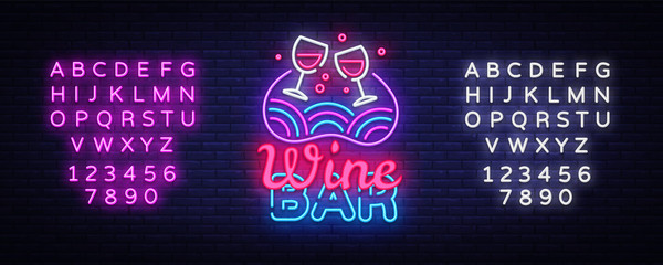 Wine Bar neon sign vector. Wine Shop Design template neon sign, light banner, neon signboard, nightly bright advertising, light inscription. Vector illustration. Editing text neon sign