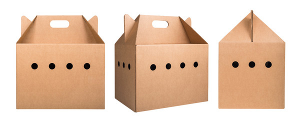 Collection of cardboard pet carrier boxes isolated on white background
