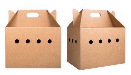 Set of two cardboard pet carrier boxes isolated on white background