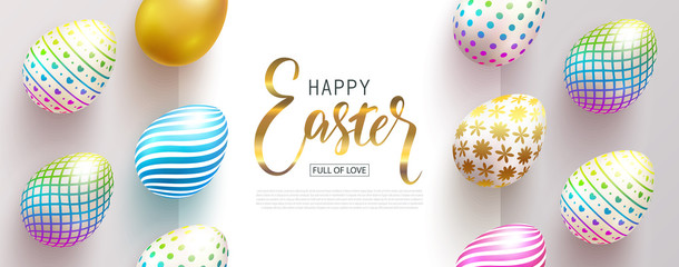 Happy Easter banner.Full of love. Beautiful Background with colorful eggs. Vector illustration for website , posters,ads, coupons, promotional material