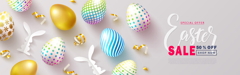 Happy Easter Sale banner.Beautiful Background with colorful eggs, paper bunnies and golden serpentine. Vector illustration for website , posters,ads, coupons, promotional material