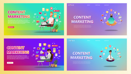 Content marketing landing page set. Abstract illustration of content icons around professional - vector