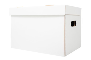White archive cardboard box isolated on white background. White file box for bookkeeping