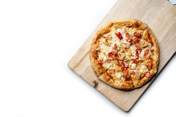 flat lay of black chalk board with pizza and bottle