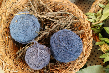 Basket of Blue Peruvian Alpaca Wool Yarn Balls Natural Dyed from Local Plants, the Andes Village of Chinchero, Cuzco Region, Peru