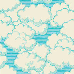 Cloudy turquoise sky. Vector seamless patterns  of  sky with clouds at retro style