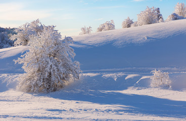 Winter landscape on a mountain top. Trees in the snow. Mountain peak, blue sky and winter sun.