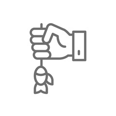 Hand with fish, fishing bait, lure line icon.