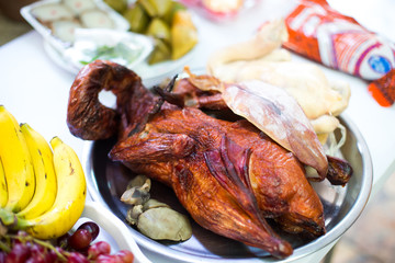 Chinese new year food homecooked reunion dinner on wooden table top