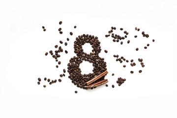 Coffee beans with cinnamon on a white background, March 8, coffee