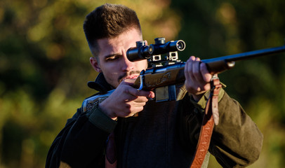Hunting brutal masculine hobby. Hunting and trapping seasons. Bearded serious hunter spend leisure...