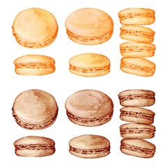 Set of delicious hand drawn french macarons in different positions and colors. Watercolor realistic illustration on white background. Sweet cookies.