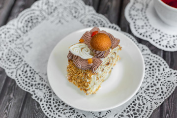 Sugar dessert concept. Baked cake on plate