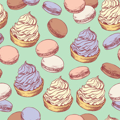 Seamless pattern with hand drawn creamy biscuit and french macaroons. Hand drawn vector illustration in vintage engraving style on light green background. Sweet colorful dessert