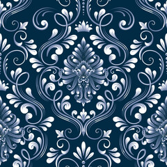 Vector blue damask seamless pattern element. Classical luxury old fashioned damask ornament, royal victorian seamless texture for wallpapers, textile, wrapping. Exquisite floral baroque template.
