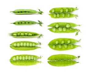 set green peas in pods on a white background