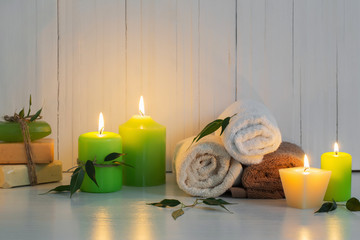 Beautiful composition of spa treatment on white background