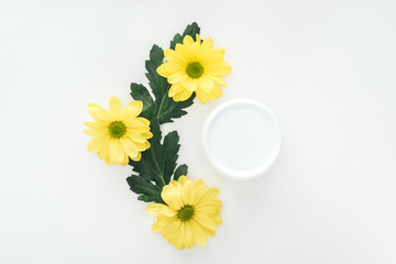 Fototapeta na wymiar top view of composition with yellow chrysanthemums and beauty cream in bottle on white background