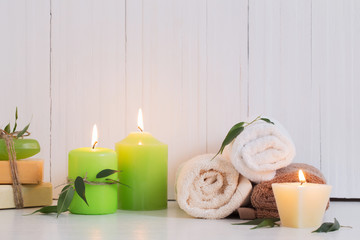 Beautiful composition of spa treatment on white background