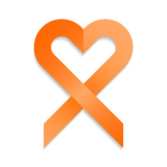 Orange ribbon vector illustration in heart shape for support and awareness campaigns. Symbol of Multiple Sclerosis, self injury and leukemia.