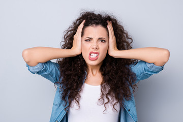 Close up photo stress amazing beautiful attractive her she lady hands arms shut hide ears terrible...