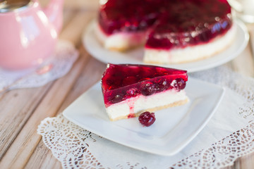 Cherry pie on plate. Delicious fresh cake with berries
