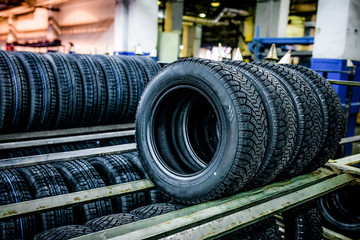 Group of new tires ready for transporting at factory
