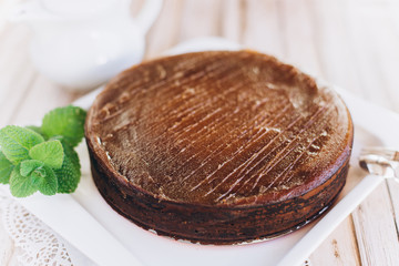Chocolate cheese cake with mint. Photo for menu 