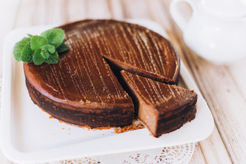 Chocolate cheese cake with mint. Photo for menu 