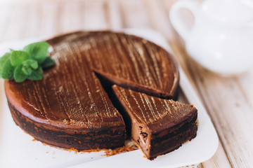 Chocolate cheese cake with mint. Photo for menu 