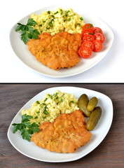 kotlet schabowy z ziemniakami,ogórkiem i pomidorem