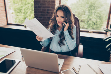 Close up photo beautiful she her business lady hands arms hold charts telephone displeased not...