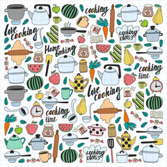 Vector set of children's kitchen and cooking drawings icons in doodle style. Painted, colorful, on a sheet of checkered paper on a white background.