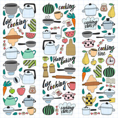 Vector set of children's kitchen and cooking drawings icons in doodle style. Painted, colorful, on a sheet of checkered paper on a white background.