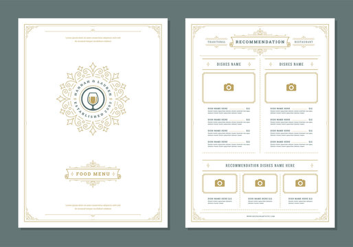 Restaurant menu design and label vector brochure template.
