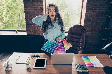 Close up photo beautiful she her business lady hold head pallet different colors walls need pick...