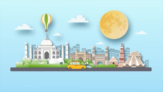 India travel destination background video animation ,flat cartoon and paper art landmarks concept, motion graphic  background