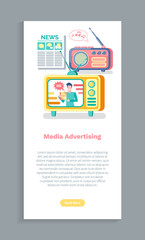 Media advertising, newspaper information, tv and radio promotion. Screen of website with electronic devices and magazine, online news and reports vector