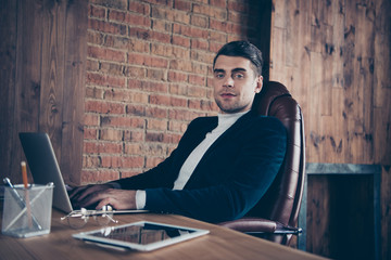 Portrait of his he nice handsome stylish trendy guy it remote specialist financier geek system...