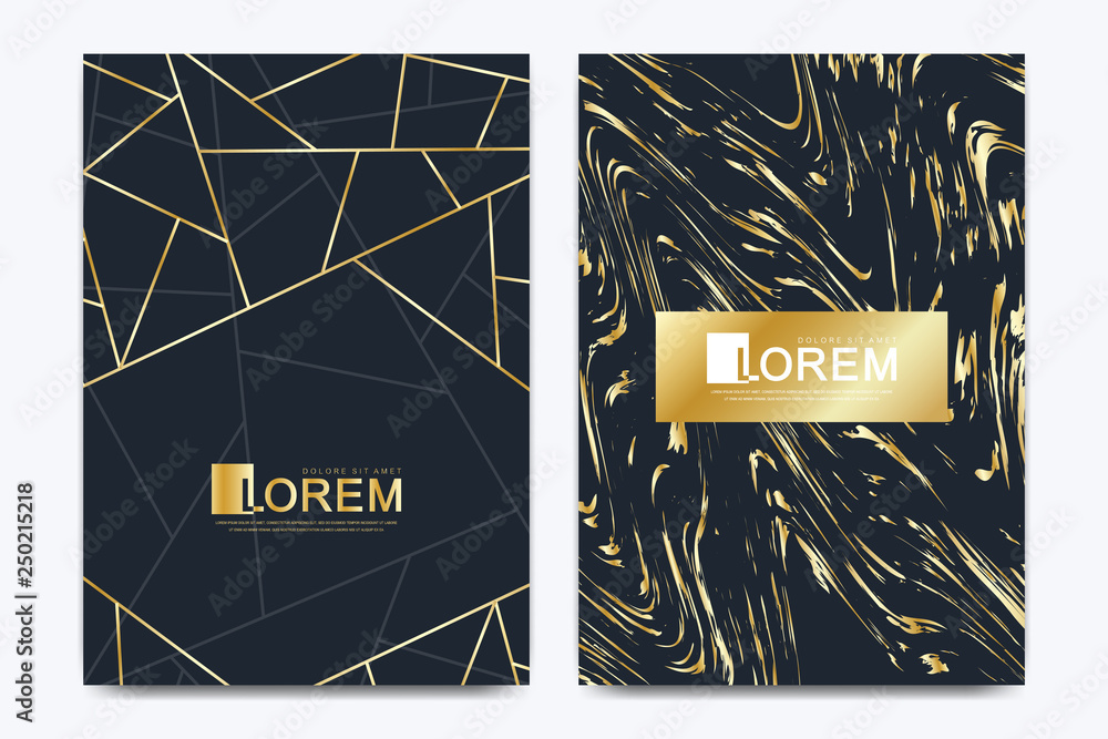 Poster modern vector template wedding invitation cards with marble texture background and golden geometric 