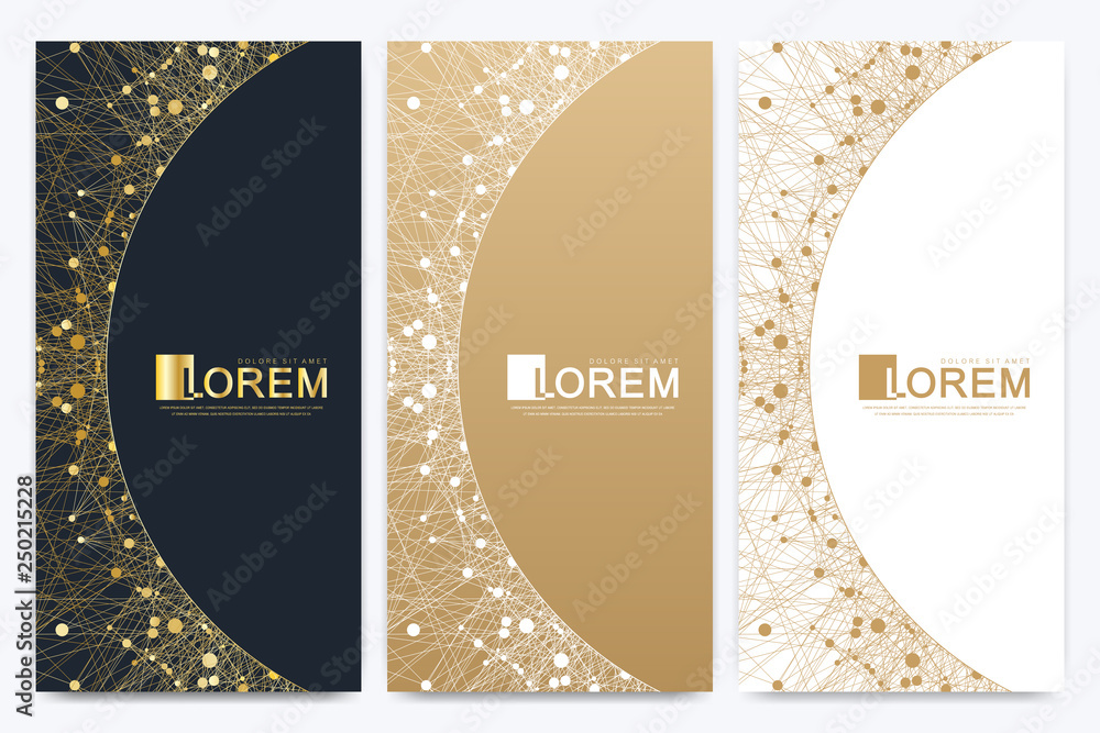 Poster Modern set of vector flyers. Geometric abstract presentation with golden mandala. Molecule and communication background for medicine, science, technology, chemistry.