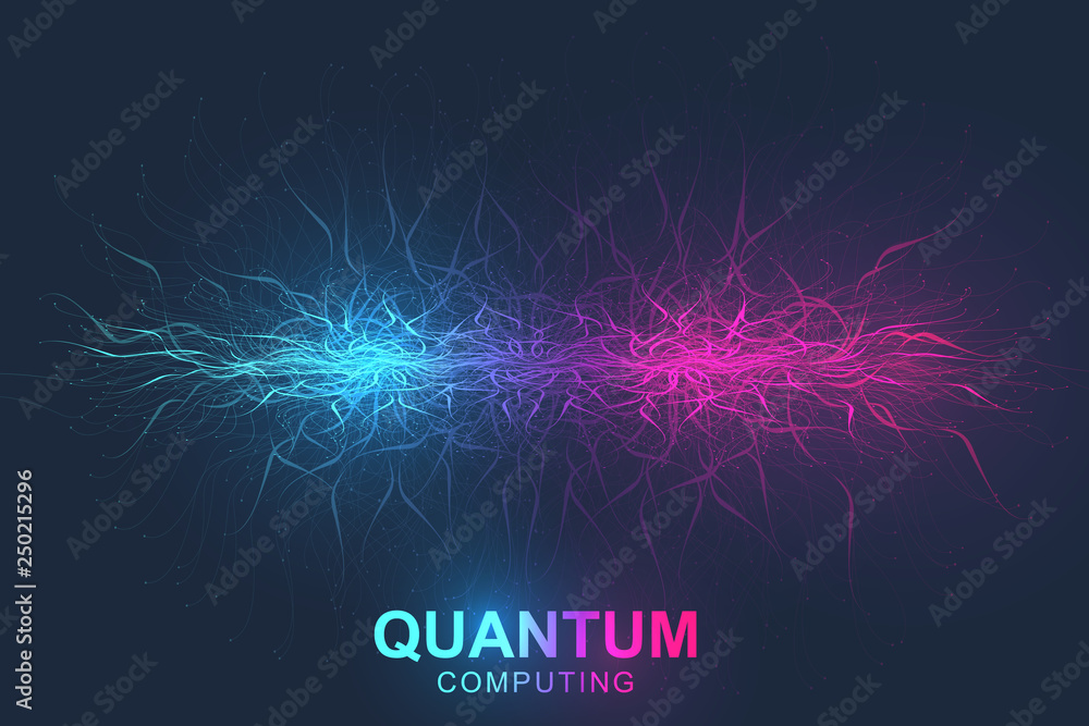 Poster Quantum computer technology concept. Deep learning artificial intelligence. Big data algorithms visualization for business, science, technology. Waves flow. Vector illustration