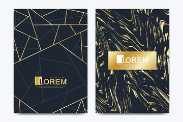 Modern vector template wedding invitation cards with marble texture background and golden geometric lines in the A4 size