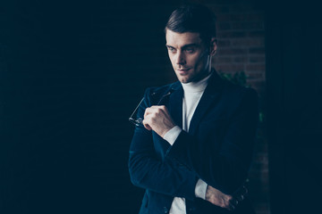 Portrait of his he nice cute handsome stylish trendy intelligent clever smart guy company founder it human resources specialist financier economist at industrial loft interior workplace workspace