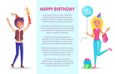 Happy birthday poster, invitation card, man with firework and woman with balloon and presents, text sample. Vector cartoon characters celebrating Bday party