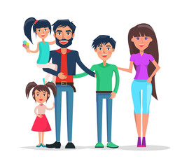 Father and mother with kids vector, happy family holiday. People with children, parents and son, daughter on daddys hands. Woman and man couple in love