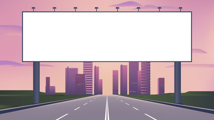 Blank billboard on the highway with city skyline background