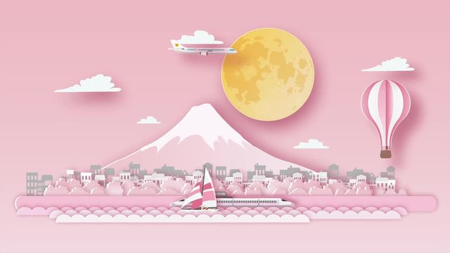 Japan Fuji cherry blossoms travel background video animation ,flat cartoon and paper art landmarks concept, motion graphic  background